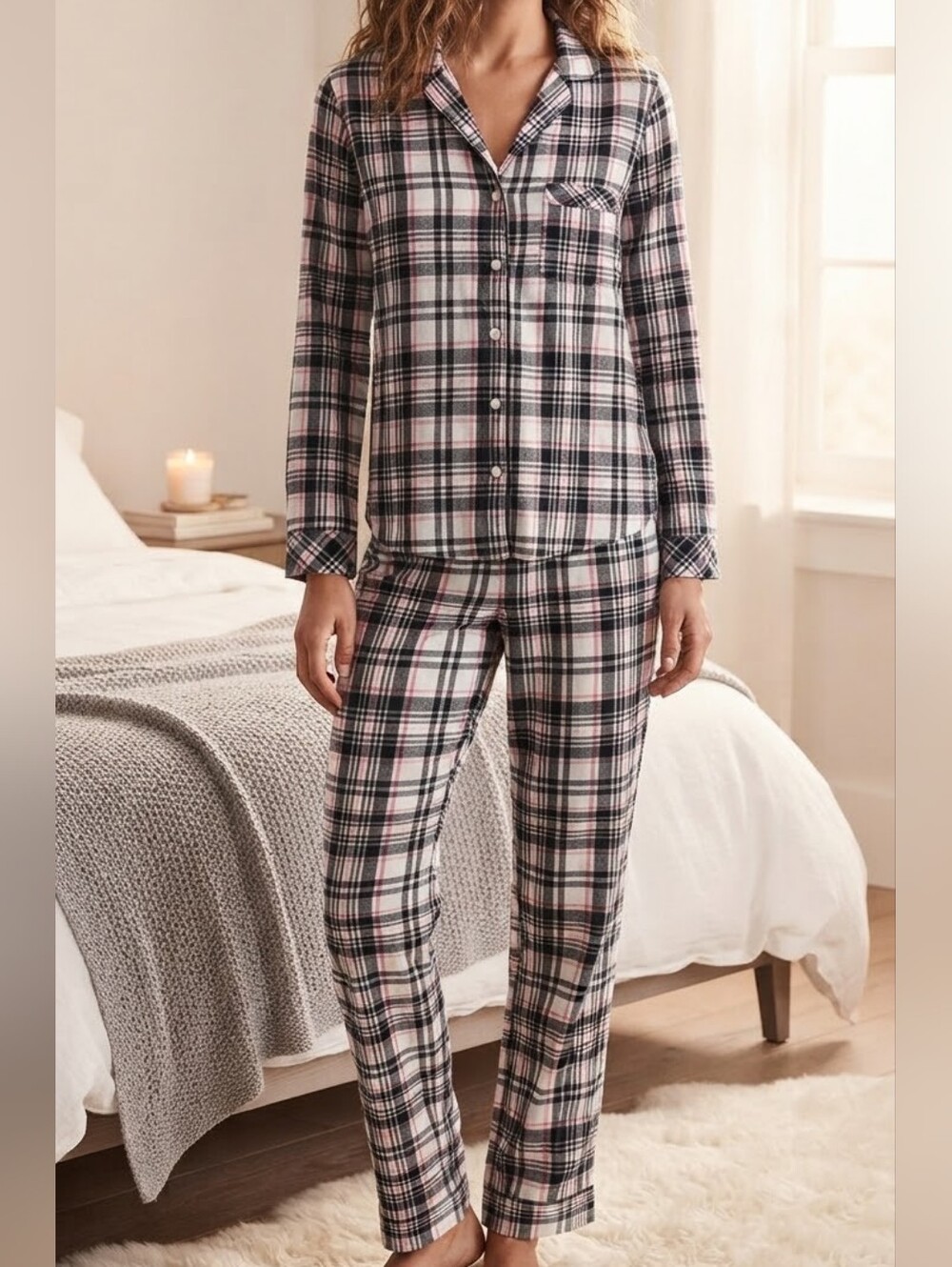 Victoria's Secret Black, White & Pink Plaid Two-Piece Pajama Set